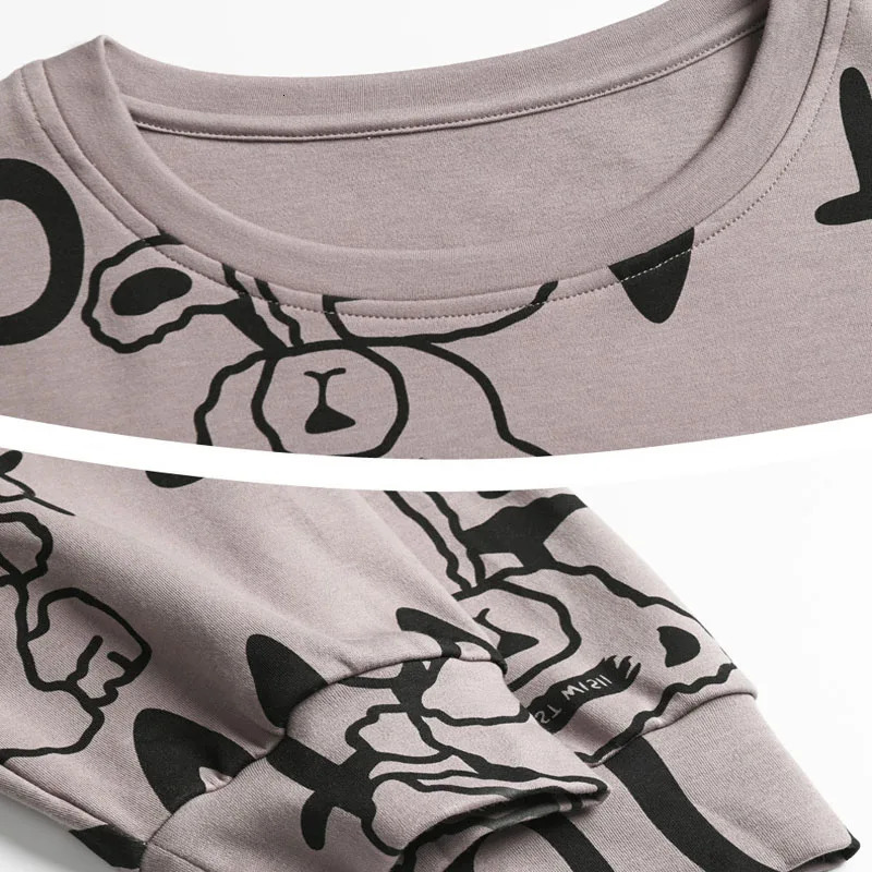 Two Piece Plus Size Men Pajamas Long Sleeve Loose Breathable Cartoon Bear Striped Letters Black Crew Neck Loungewear Set 250611