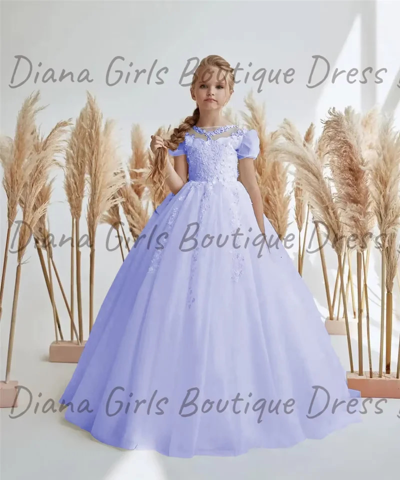 Elegant White Flower Girl Dress Short Sleeve Lovely Princess Satin Ball Gown For Kids Birthday Gift Party First Communion Dress 250614