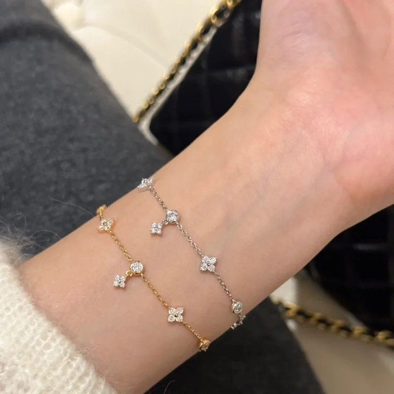 925 Silver Plated Shiny Zircon Flower Charm Bracelet for Women Fashion Simple Chain Bracelets Wedding Jewelry e4 250610