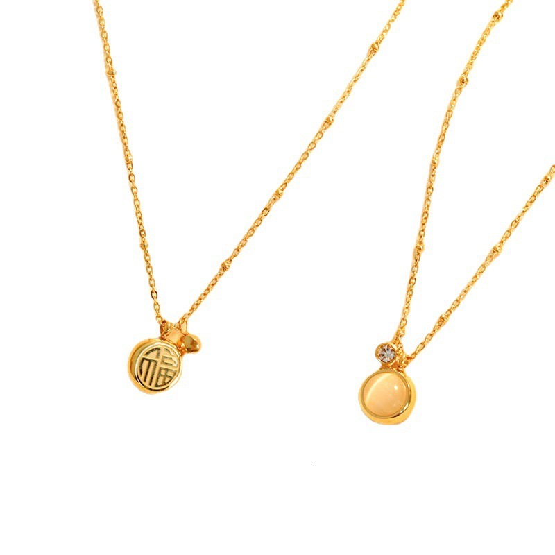 Fashion Trend Light Style Simple Personality Inlaid Cat's Eye Stone Fu Character Necklace for Women Niche Titanium Steel Non-Fading Jewelry