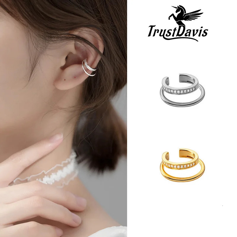 Trustdavis 1 Pcs Real 925 Sterling Silver Fashion Double-deck CZ Clip on Earrings Ear Cuff For Women Wedding Fine Jewelry EJ003 250610