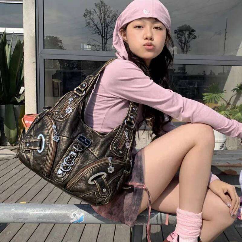 Xiuya Vintage Shoulder For Women Y2k Gothic Large Capacity Fashion Tote Bag Aesthetic Leather Female New In Handbag