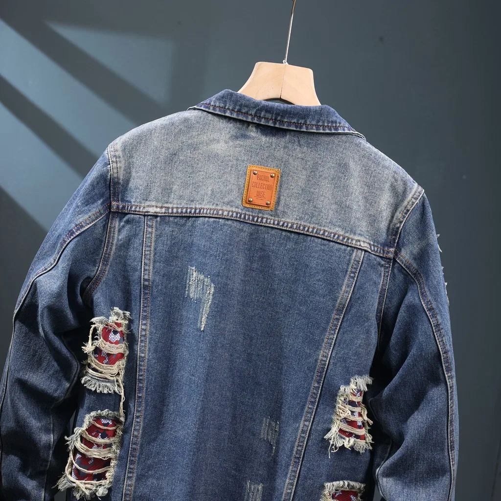 Mens Spring Autumn Broken Hole Denim Loose Casual Streetwear Fashion Ripped Jacket Man American Jeans Cargo Coat 250614