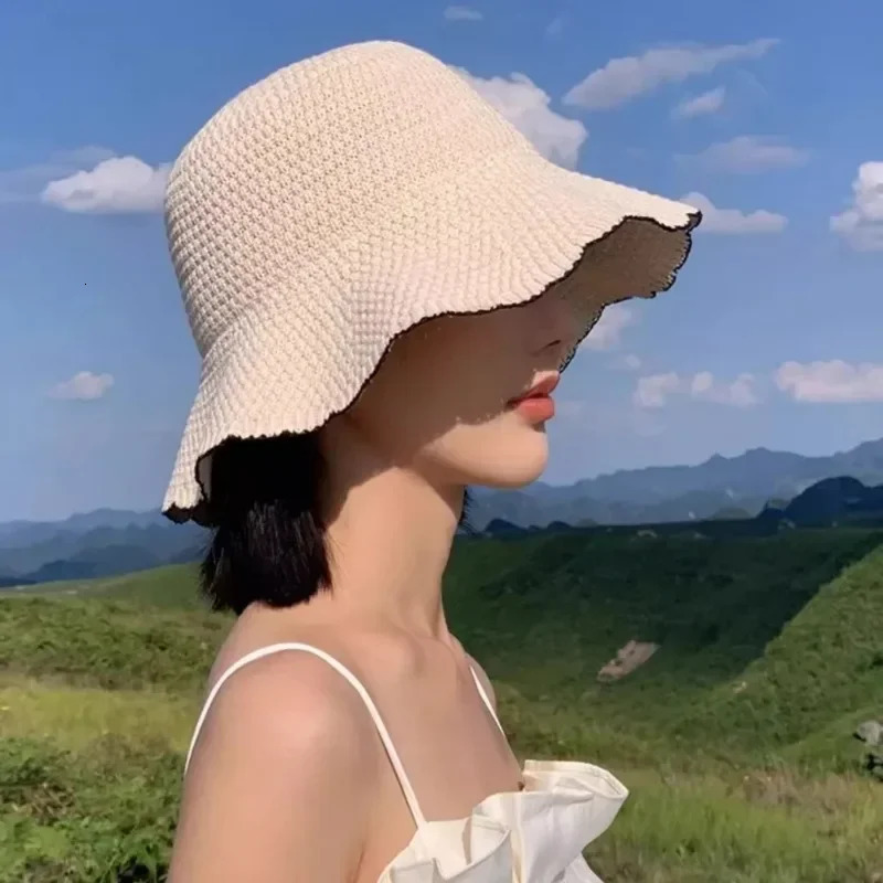 Japanese Lace Fisherman Hat Womens Summer Sunshade Basin Hat Korean Version Fashionable And Versatile Thin Knit Bucket Hat 250610
