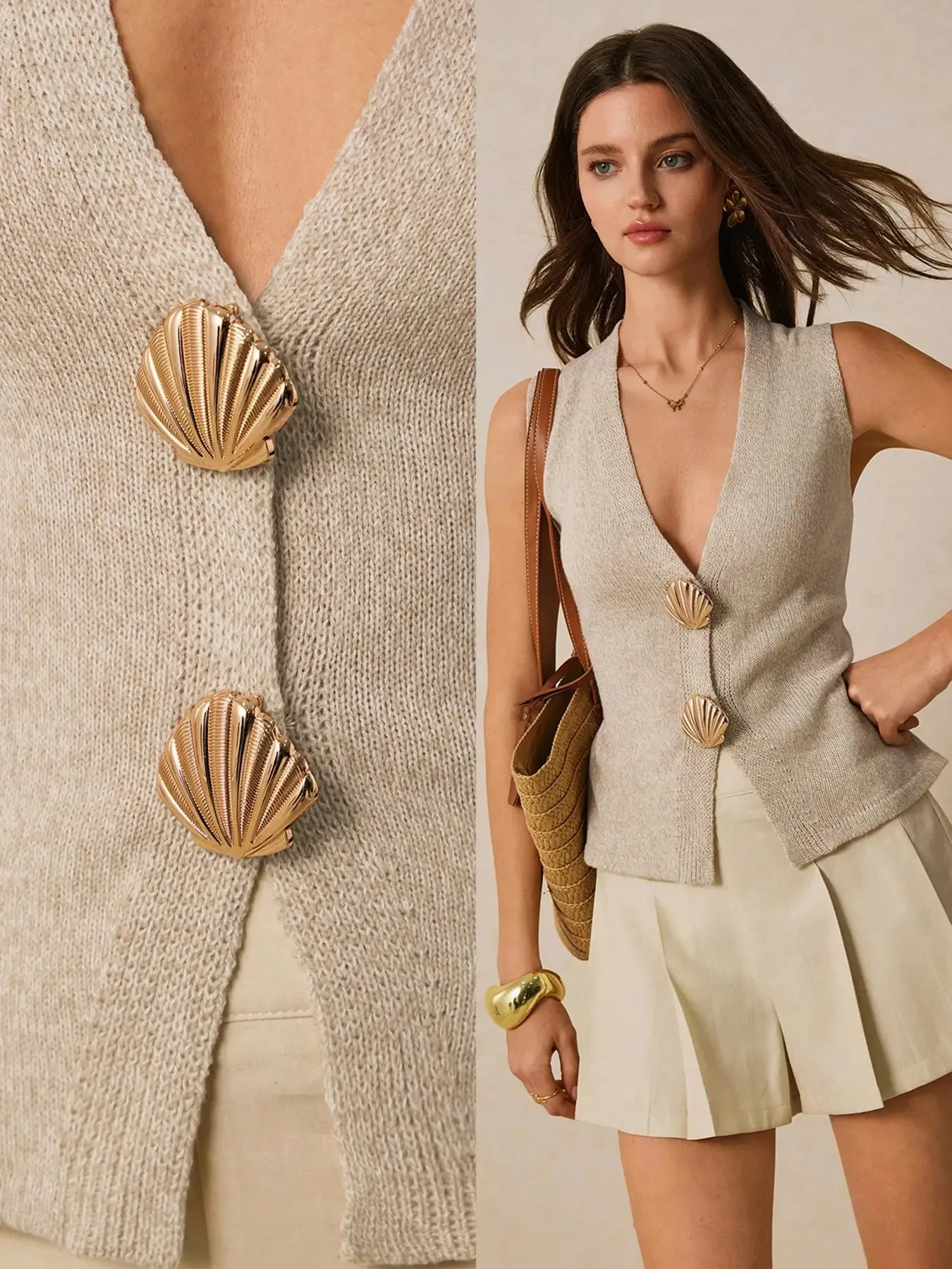 Spring and summer solid color shell button sleeveless slim elegant womens wool vest 250613Z