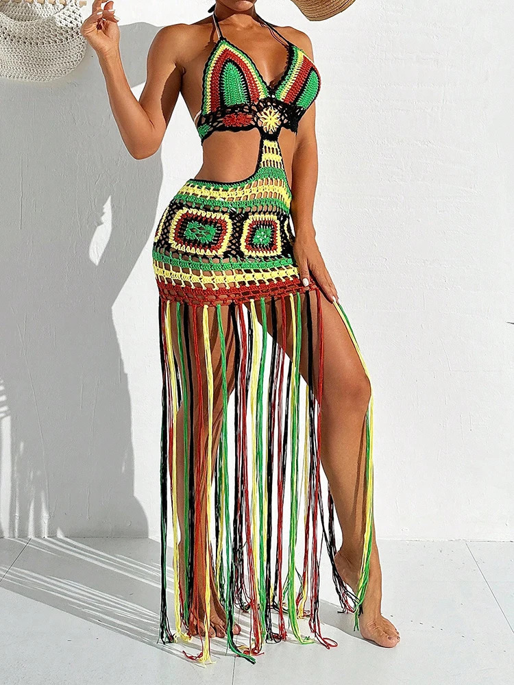 Women Summer Crochet Halter Deep V Neck Cover Ups Multicolor Swimsuit Long Tassel Bikini Knit Dress CoverUps Backless Beachwear 250611