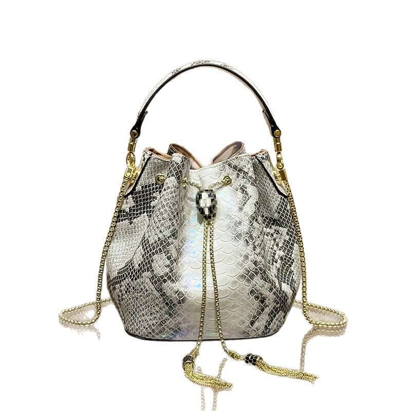Pattern High-End Chain Snake Bucket for Women 2025 New Genuine Leather Fashion Single Shoulder Crossbody Small Bag