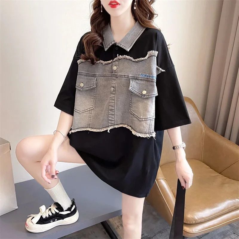 Baggy Polo Neck T Shirt for Women Summer Outfit Woman Tshirt Womens Short Sleeve T-shirt Pretty Clothing Trend 2025 Basic Sales 250609