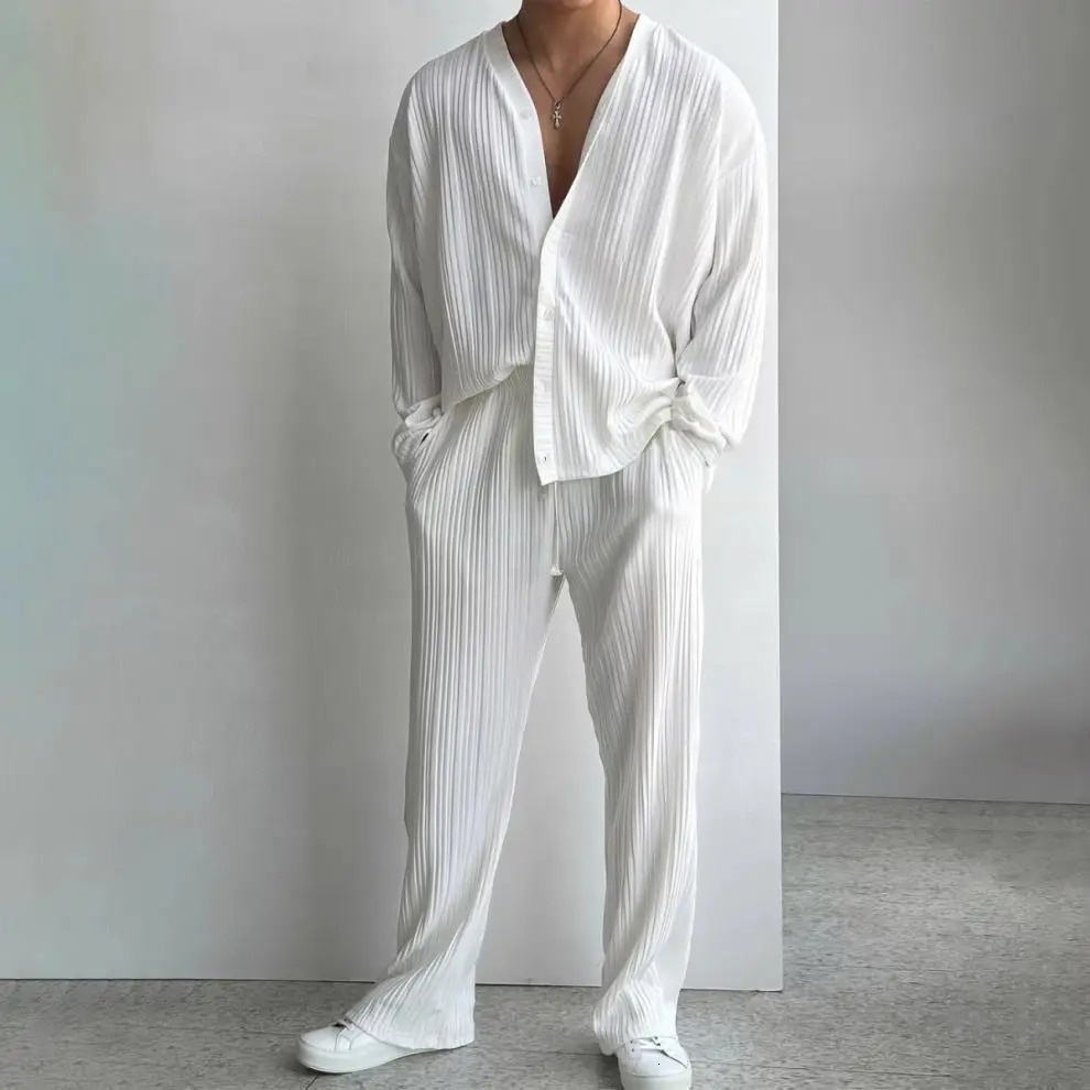 Thin Solid Color Sexy Deep V Cardigan Knitted Sweater Shirt Casual Fashion Suit Two-piece Sets for Men 250612