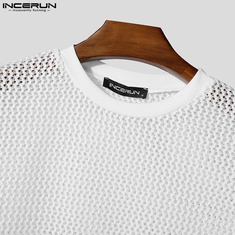 INCERUN Tops American Style Fashion Mens Mesh Hollow T-shirts Casual Summer Slightly Perspective O-neck Short Sleeved Camiseta 250614