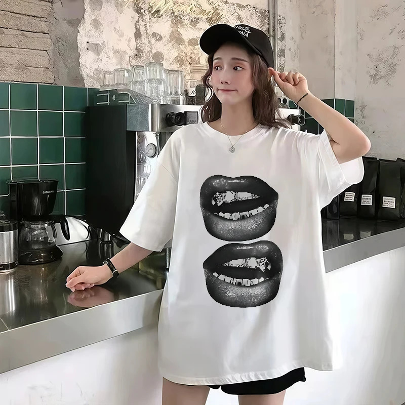 Funny Lips Print T-shirt Womens Summer 100% Cotton Short Sleeve Tee Hip Hop Streetwear Casual Y2k Top dames clothing 250613