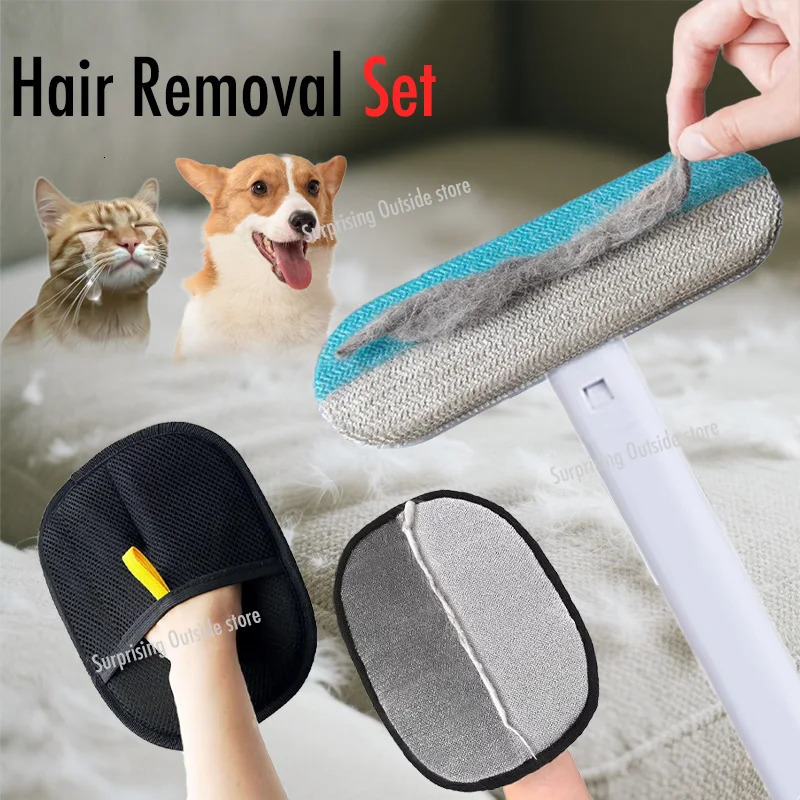 Pet Hair Removal Set Tool Reusable Static Removal Gloves Double-Sided Grooming Gloves Remove Dog Cat Fur Hair for Carpets Sofa 250614