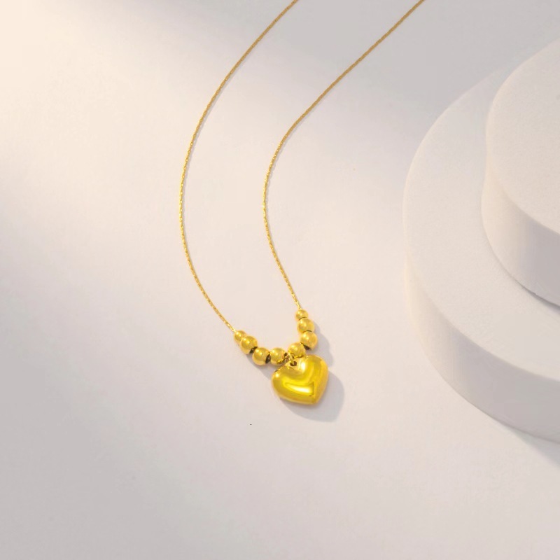 Fashion Style Personality Versatile Round Bead Heart Necklace for Women Titanium Steel Gold Non-Fading Jewelry