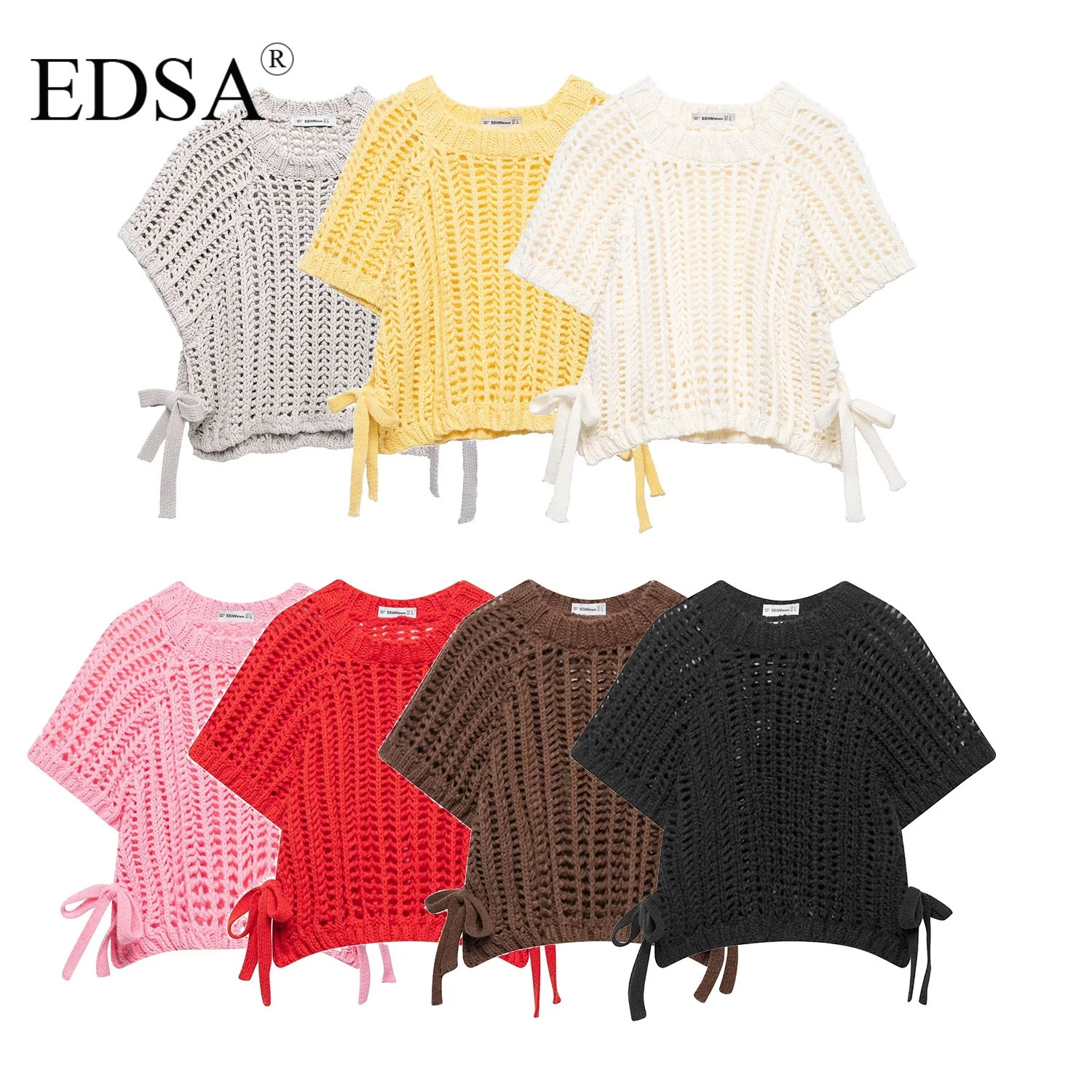 EDSA Women Chunky Knit Top with Side Straps ONeck Short Sleeves Hollow Out Cropped Sweater Pullover for Casual Female 250612