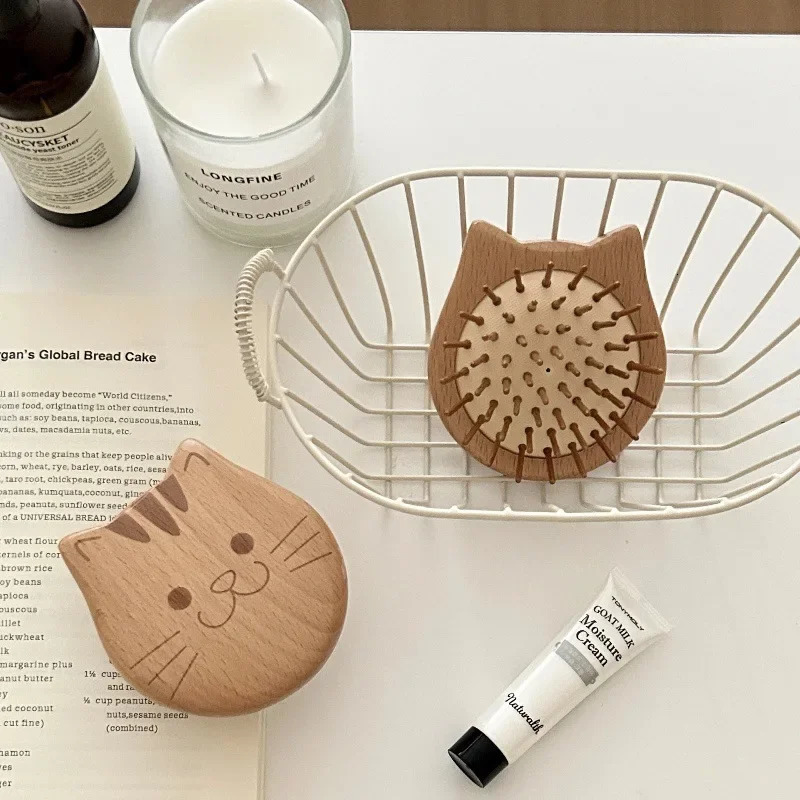 Portable Mini Cute Cat Inflatable Comb Small Elm Wood Compact round Hair Massage Comb Womens Stylish Professional Salon Brush 250612