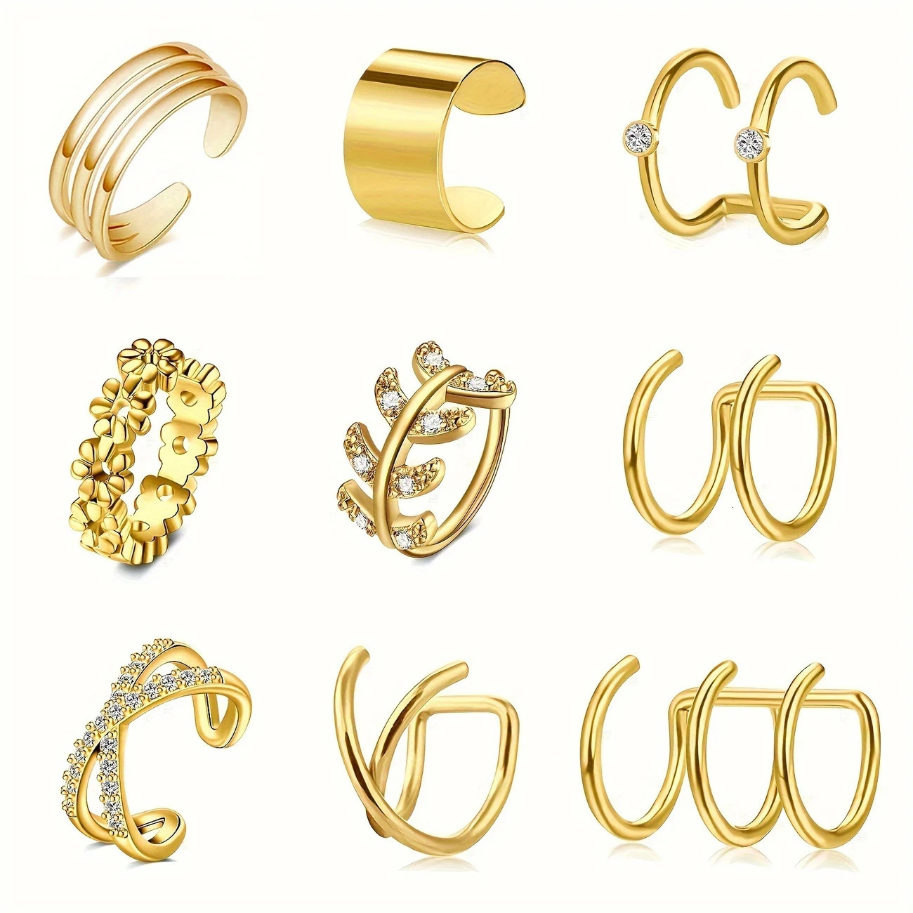 9pcs Stainless Steel Ear Cuff Set Rhinestone Non-Pierced Helix Earrings Simple Style Ear Clips for Men Women Daily Holiday Wear 250610