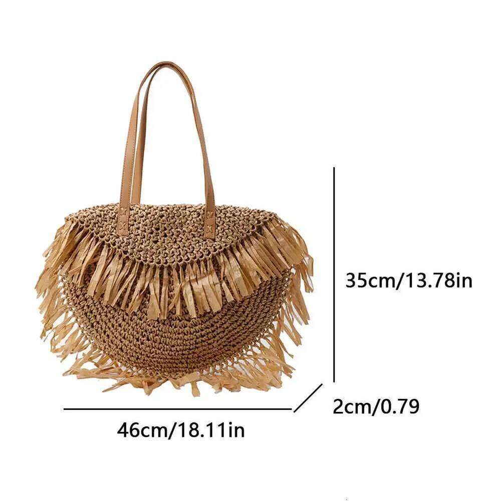 Women Hollowed-Out Braid With Tassel Straw Handbag Wear Resist Semicircle Underarm Female Travel Commute Shoulder Bag
