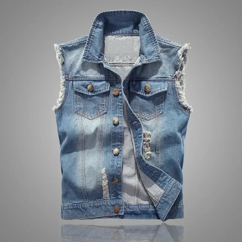 Blue Denim Vests Men Casual Slim Button Sleeveless Denim Jackets Turn-down Collar Jean Vest for Men Spring Summer Outwear 250614