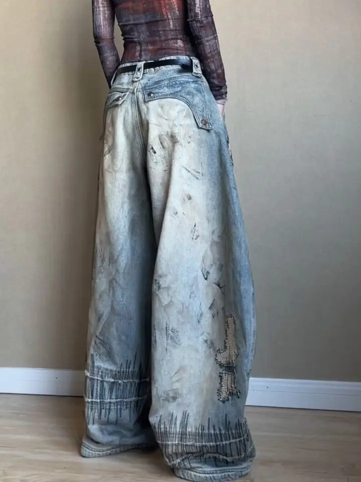 American Retro Washed Denim Jeans with Distressed and Printed n Loose Wideleg Streetwear Pants for Women 250612