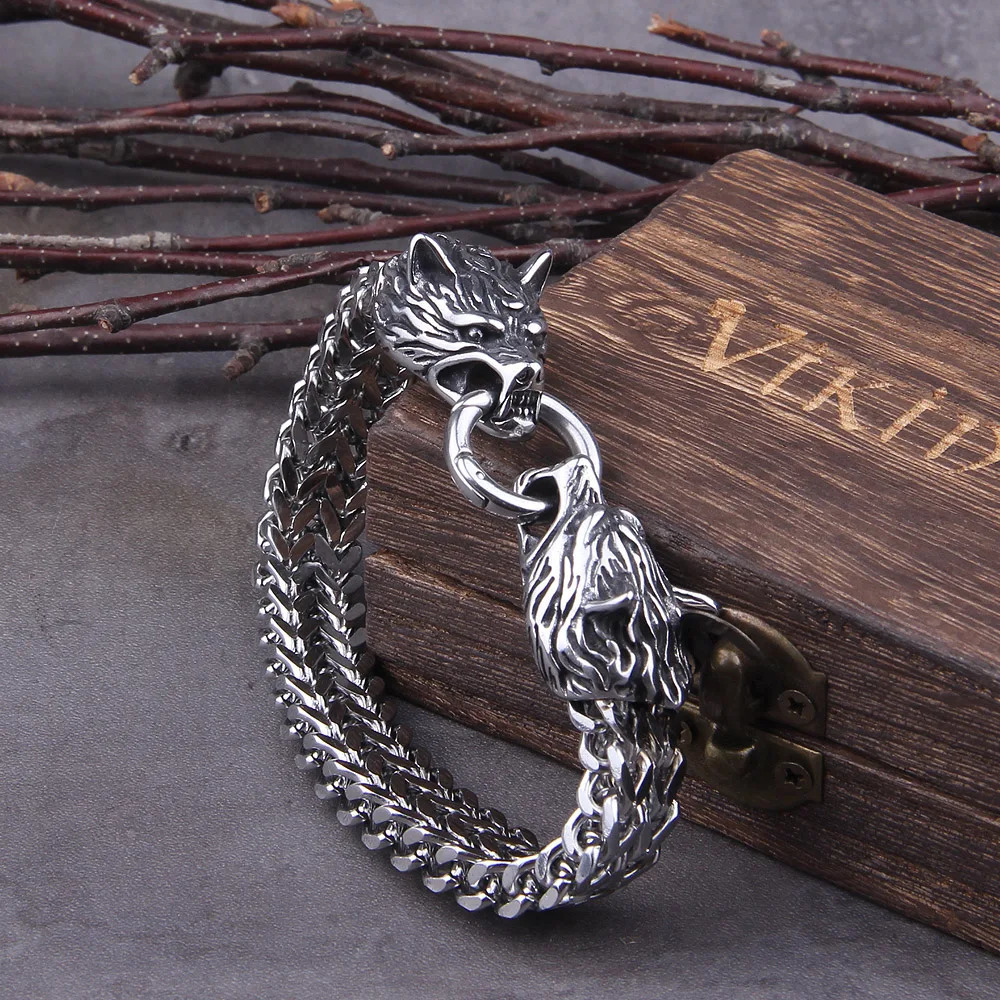 Never Fade Rock Viking Wolf Charm Bracelet Mens Stainless Steel Mesh Chain Gold Wolf Punk Jewelry without box 250610