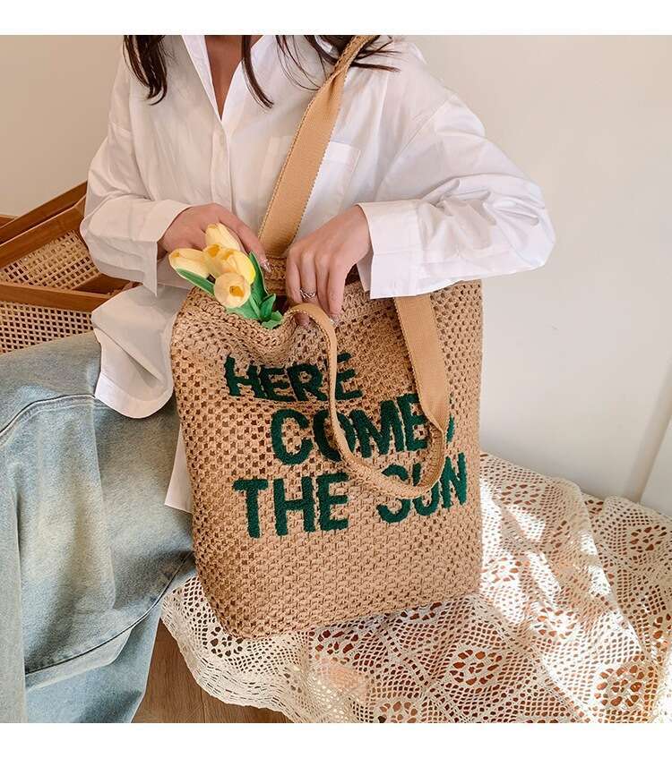 Letter Embroidery New Style Machine Woven Straw Large Capacity Shoulder Beach Tote Bag