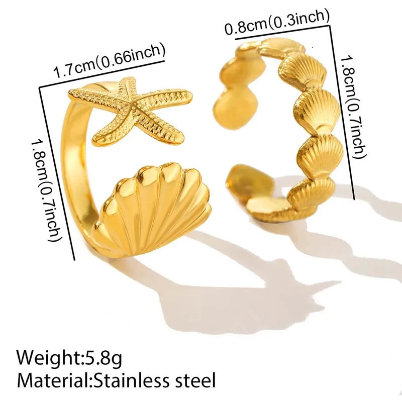 Stainless Steel Sea Star Shell Open Rings For Women Men Vintage Gold Color Adjustable Finger Ring Jewelry Beach Party Gifts 250610