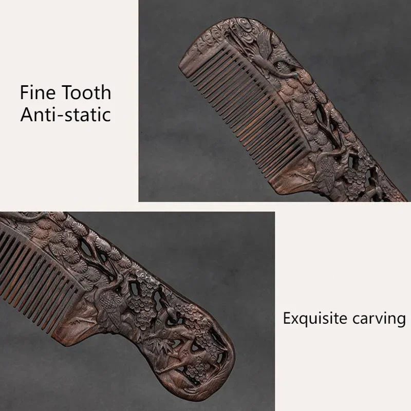 Natural Black Sandalwood Comb Handmade Carving Anti-Static Fine Tooth Handle Wooden Massage Scalp Comb Hair Styling Womens Gift 250612