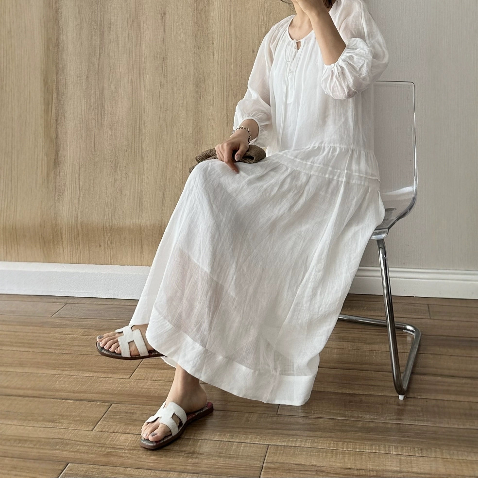 XR244 South France White Moonlight Holiday V-neck Dress Ramie Elegant Long Dress