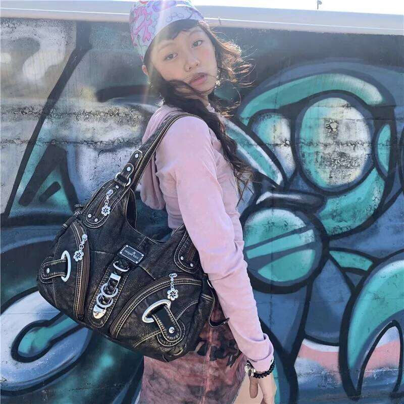 Xiuya Vintage Shoulder For Women Y2k Gothic Large Capacity Fashion Tote Bag Aesthetic Leather Female New In Handbag