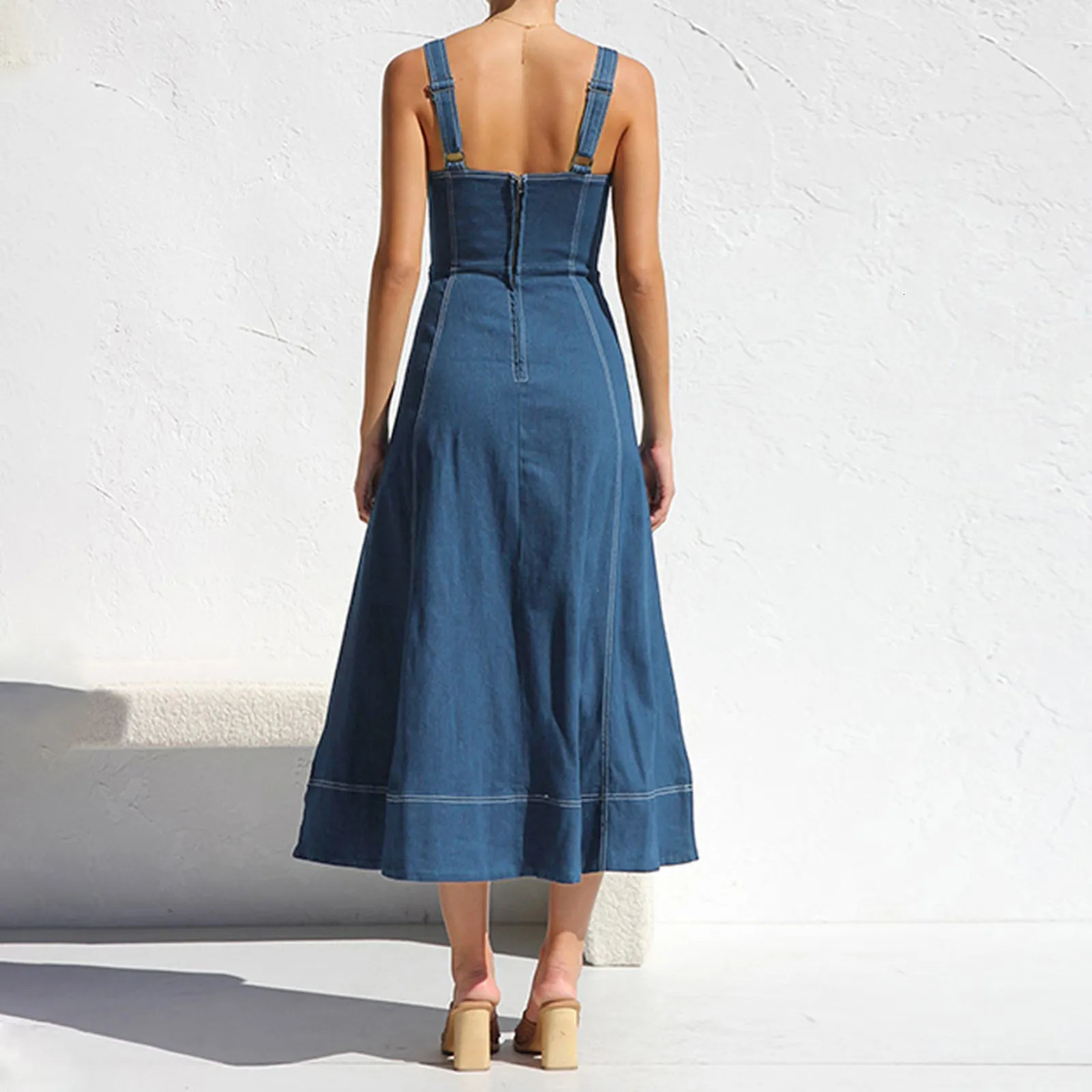 Women Denim Strap Dress High Waist Sleeveless Adjustable Straps A Line Jean Maxi Dress With Pockets Spring Summer Solid Dresses 250609