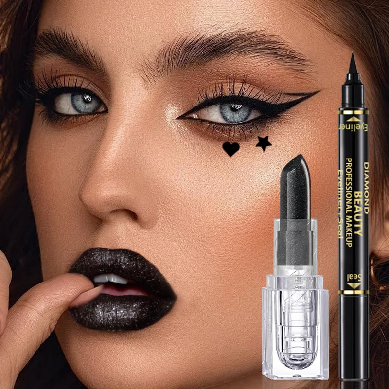Double Head Stamp Eyeliner Pearl Black Lipstick Color Shine Gloss Lipstick Halloween Party Stage Beauty Lip Gloss Makeup 250614
