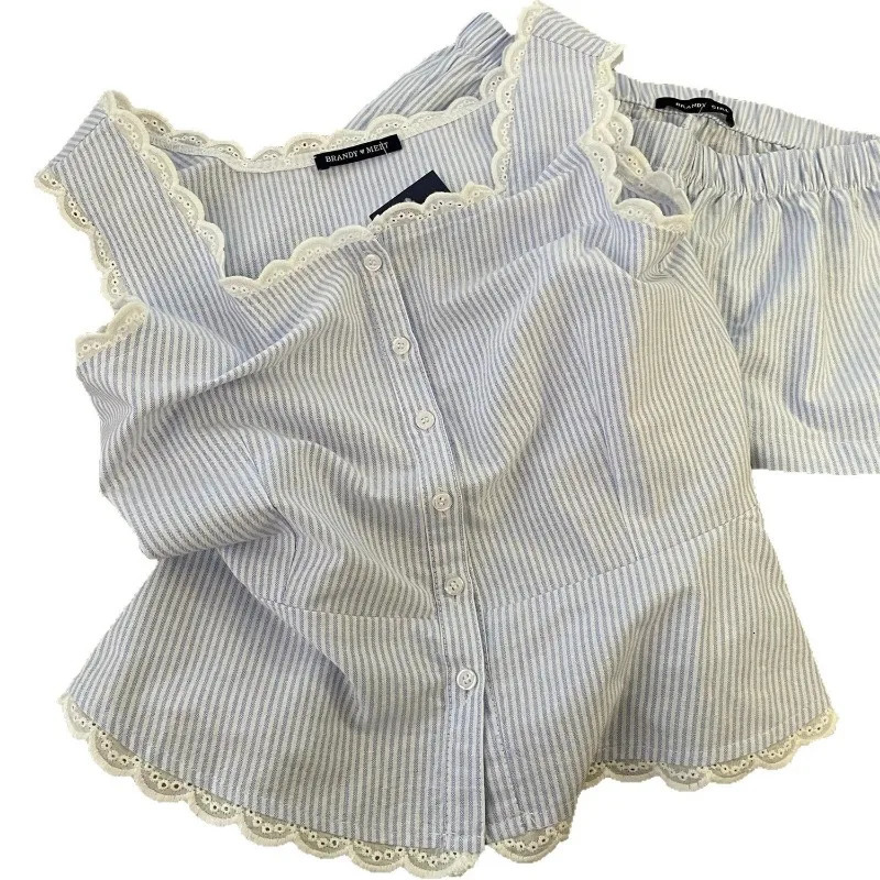 Striped Women Pajamas Summer Sleepwear Sleeveless Shorts Sets 2 Pieces Lace Night Wears Tank Korean Sleeping Home Suit 250611