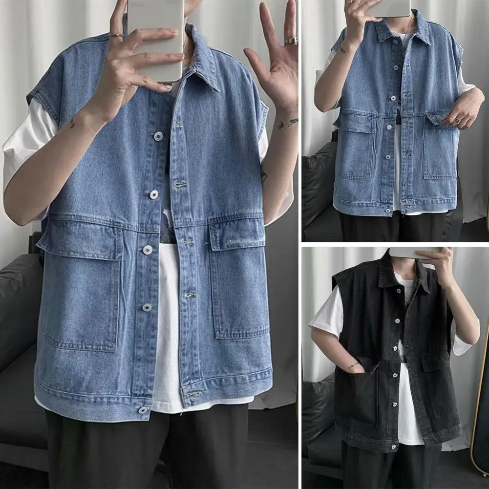 Men Denim Sports Vest Mens Sleeveless Denim Vest with Large Pockets Ripped Holes Single Breasted for Casual Summer Style 250614