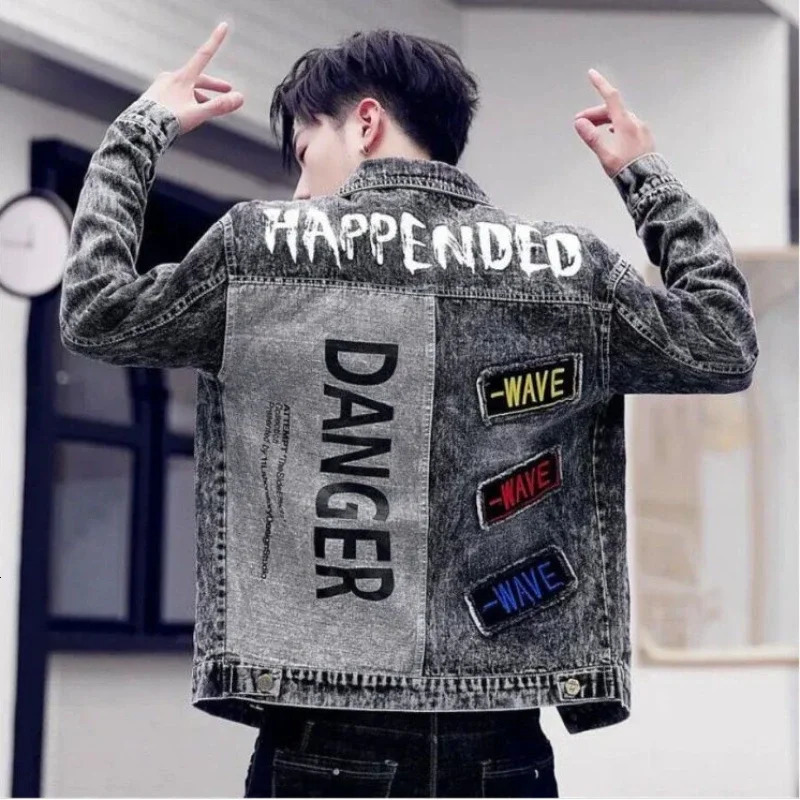 Button Hip Hop Casual Slim Short Autumn with Print Denim Jackets for Men Black Gray Jeans Coat High Quality Fashion 250614