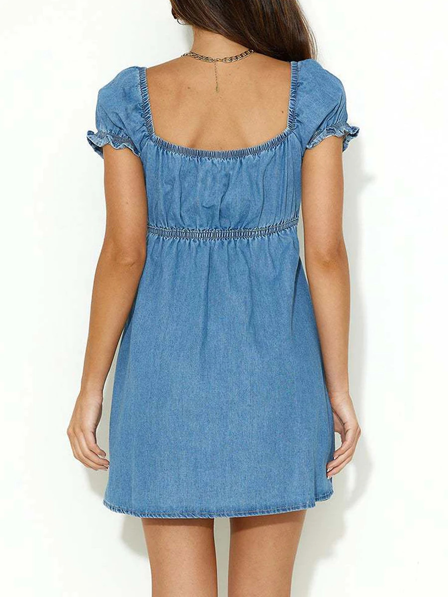 Women Denim Dress Casual Summer Cutout Drawstring Sweetheart V-Neck Short Sleeve A-Line Party Dress for Streetwear 250609