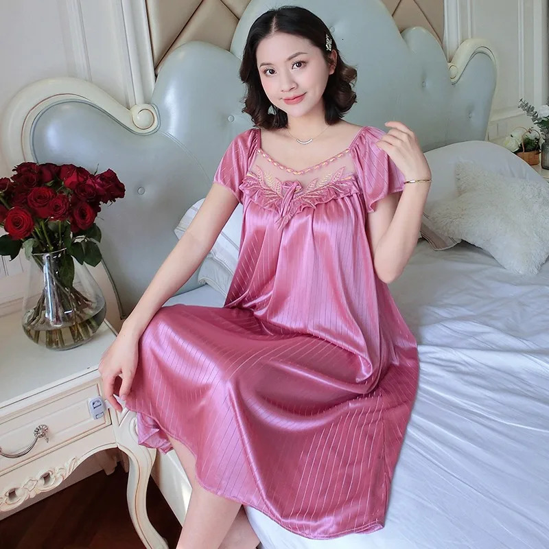 Womens Ice Silk Nightgowns Sleeping Dress Medium Length Short Sleeve Nightdress Sexy Sleepwear Home Wear Loungewear Pajama Femme 250611