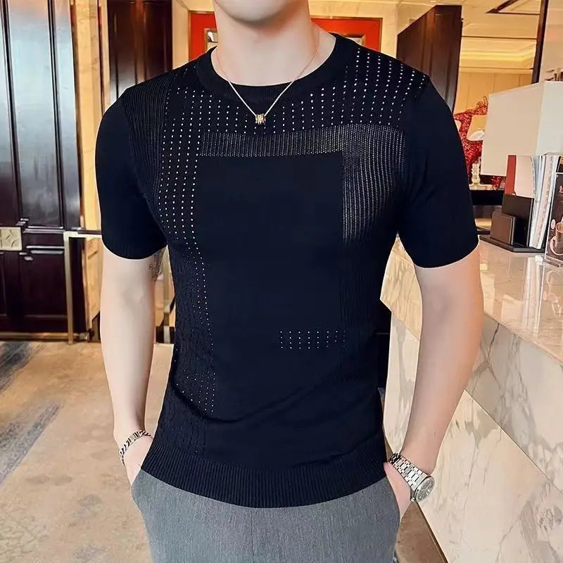 Summer Round Neck Ice Silk Hollow Knitted Short-sleeved Base Thin Mens Trendy Half-sleeved T-shirt Breathable Knitted Sweater 250614