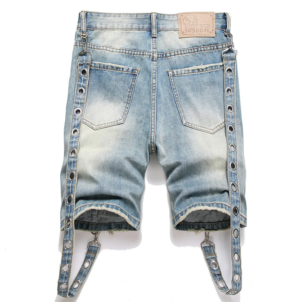 Men Multi Pockets Cargo Denim Shorts Summer Punk Rivet Blue Jeans Ripped Hem Knee Length Breeches 250614