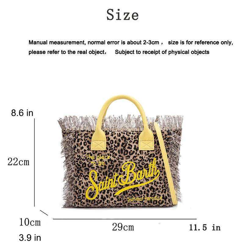 Saint Barth Handbag New Beach Casual Fringe Canvas Leopard Print Yellow Small Tote Bag For Women