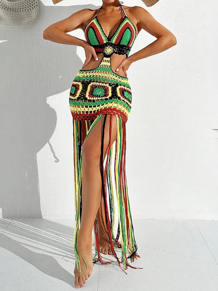 Women Summer Crochet Halter Deep V Neck Cover Ups Multicolor Swimsuit Long Tassel Bikini Knit Dress CoverUps Backless Beachwear 250611