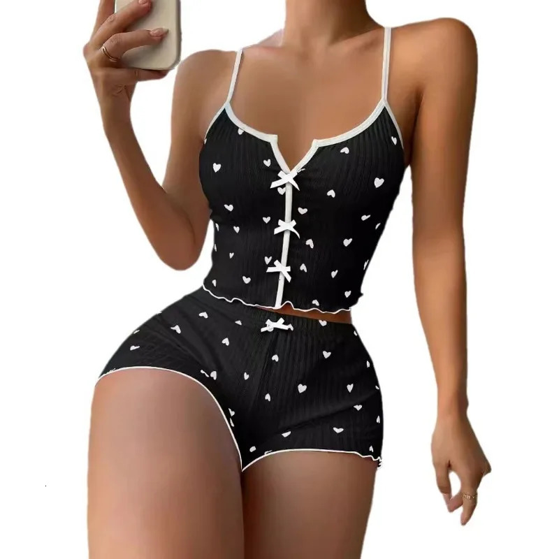 Sleepwear Women Pajamas Set Heart Print Soft Ribbed Fabric with Flirty Frill Trim Casual Cami Top and Shorts Sets Loungewear 250605