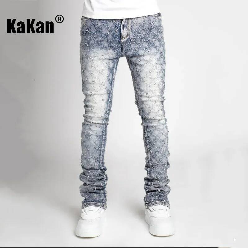 Kakan - European And American Jeans Personalized Straight Leg Popular Elastic Pearl Layered Denim Men's Pants