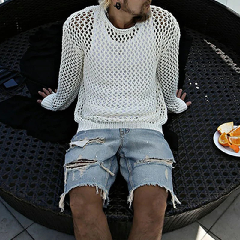 Knit Mens t-Shirt Spring Summer Long Sleeve Lightweight Tops Fashion Hollow Out Casual Vacation Men Clothing Pullovers 250614