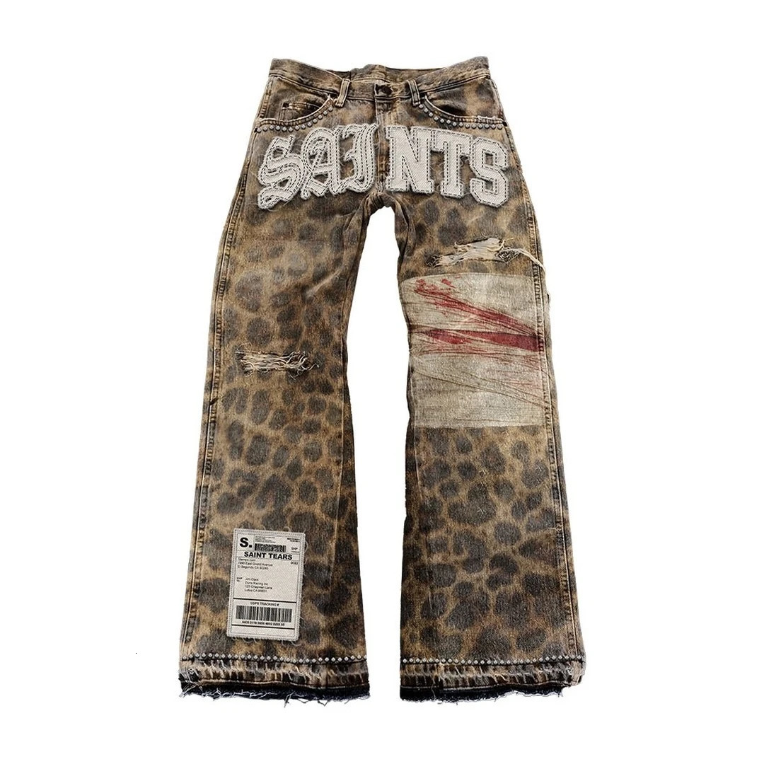 Streetwear Vintage Leopard Print Ripped Jeans Men Women Harajuku Distressed Denim Pants Y2K Punk Letter Graphic Patch Trousers 250612