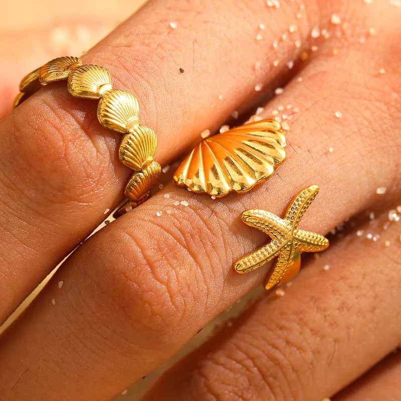 Stainless Steel Sea Star Shell Open Rings For Women Men Vintage Gold Color Adjustable Finger Ring Jewelry Beach Party Gifts 250610