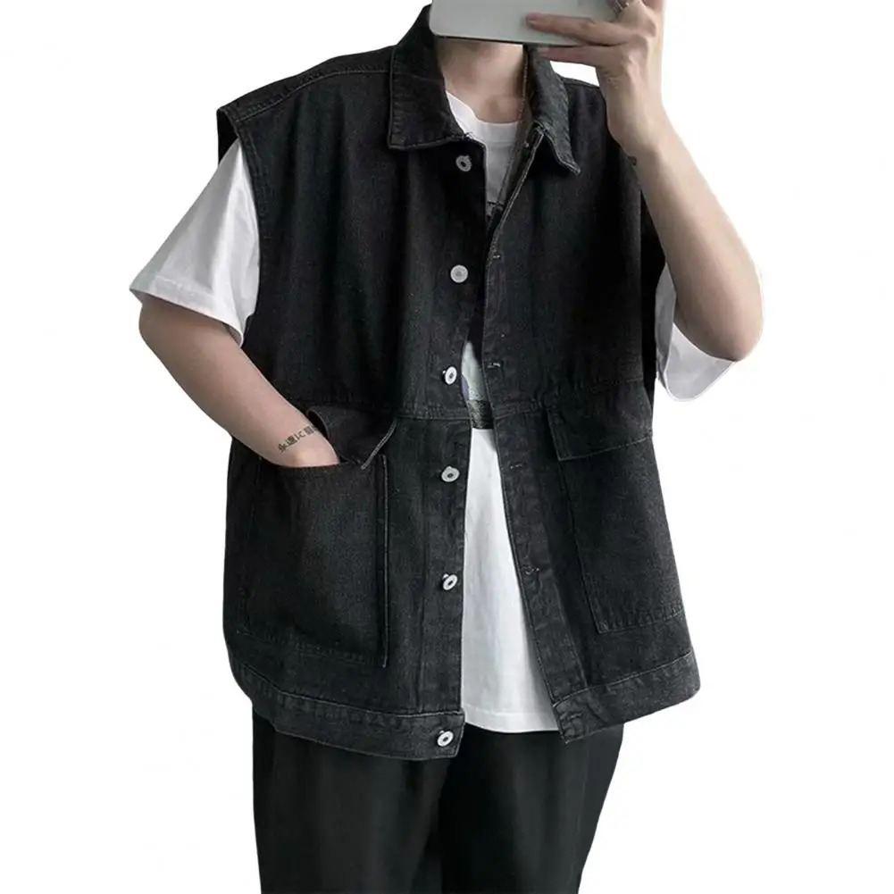 Men Denim Sports Vest Mens Sleeveless Denim Vest with Large Pockets Ripped Holes Single Breasted for Casual Summer Style 250614