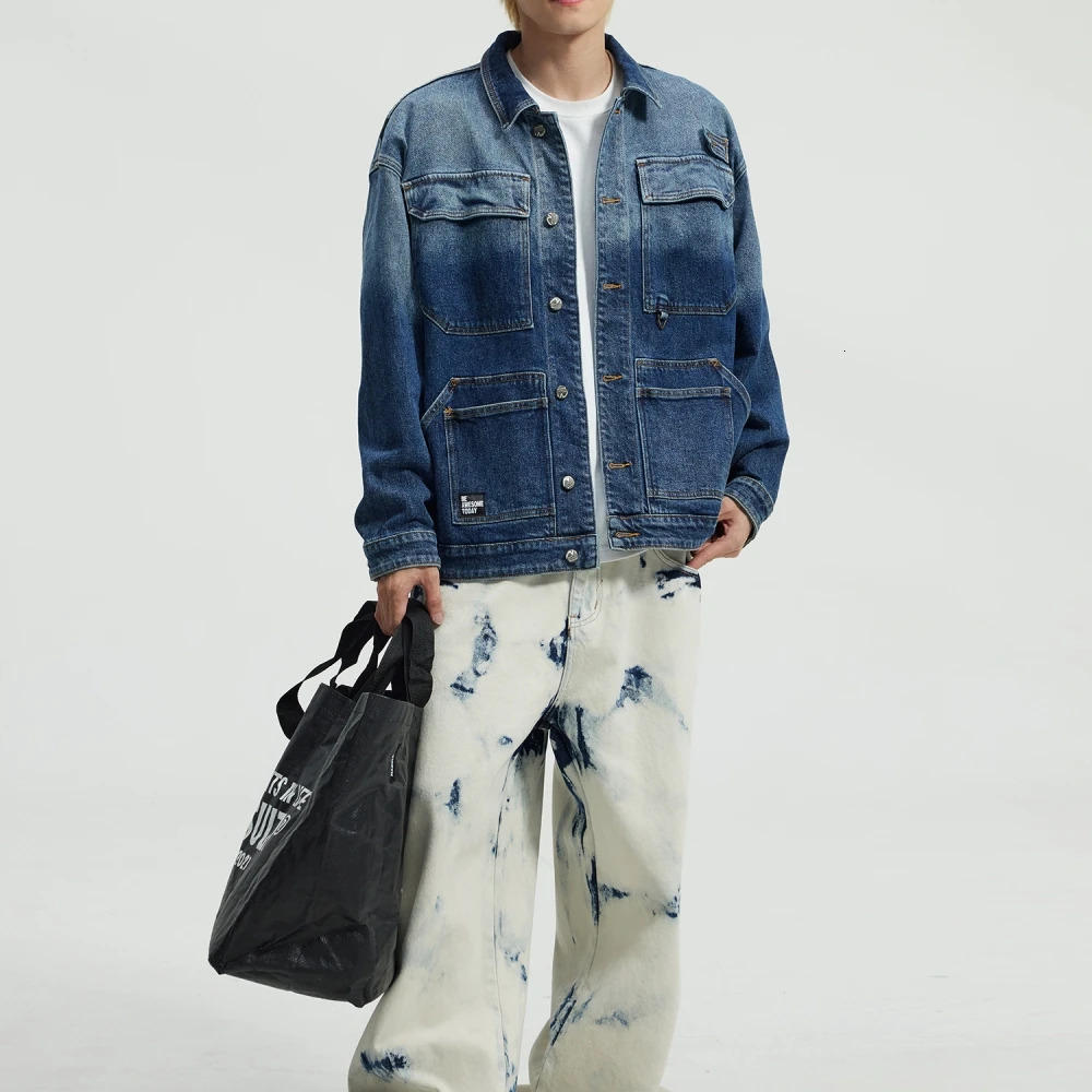 American Vintage Gradient Color Denim Jacket Mens Clothing High Quality Cargo Spring Autumn Streetwear Loose Coat Male 250614