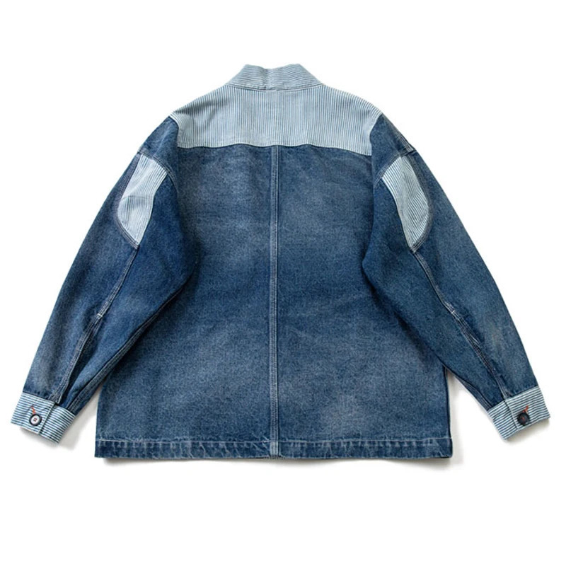 22AW Japanese Striped Patchwork Washed Denim Jacket for Men High Quality Coat 250614