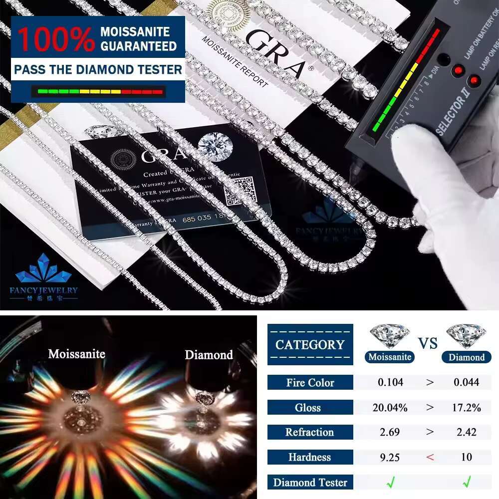 In Stock Tennis Necklace 925 Silver Mounting Ice Out 2mm 3mm 4mm 5mm 6.5mm Semi Moissanite Tennis Chain Mens Hop Jewelry