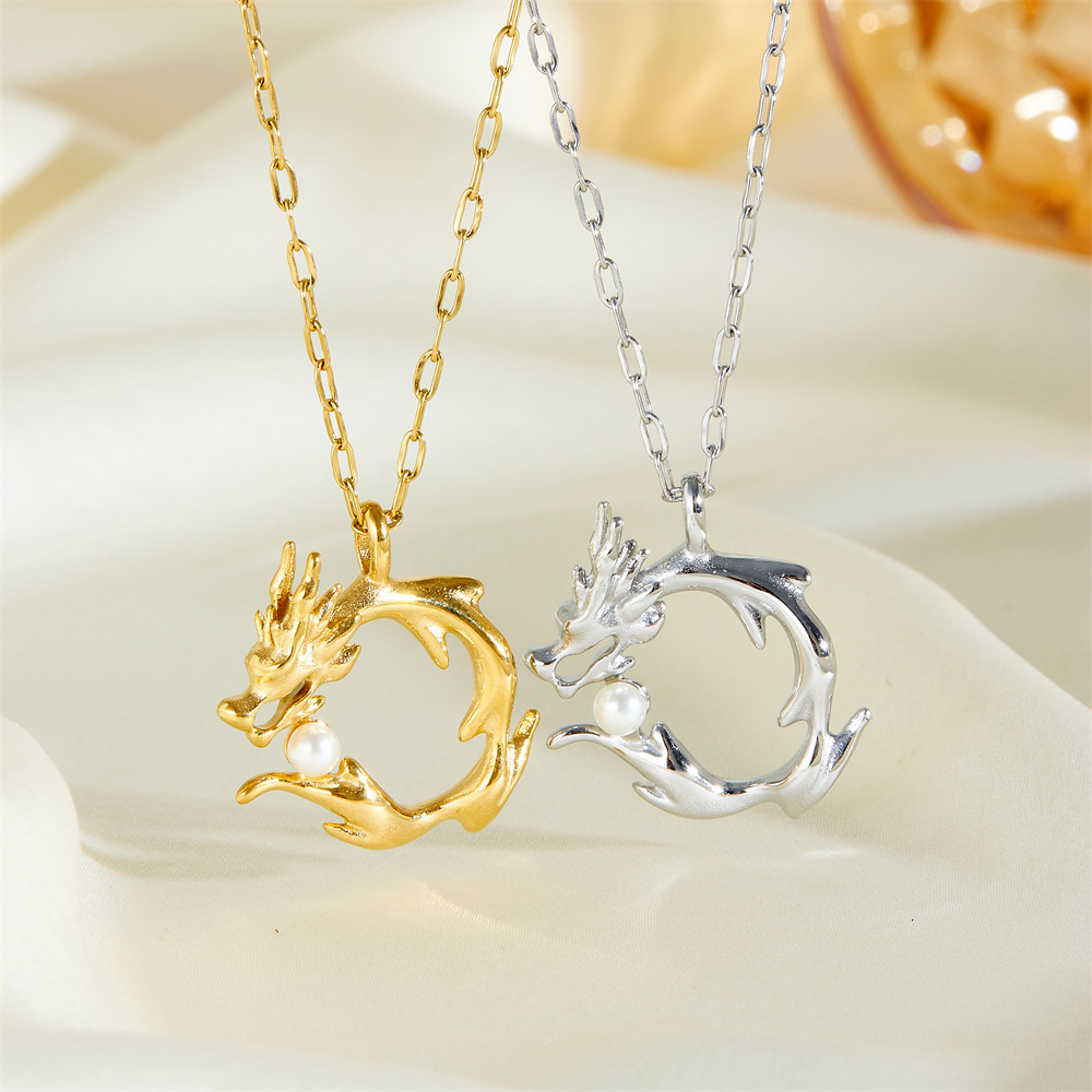 Fashion Light Personality Pearl Dragon Totem Necklace for Women High-end Design Titanium Steel Non-fading Jewelry